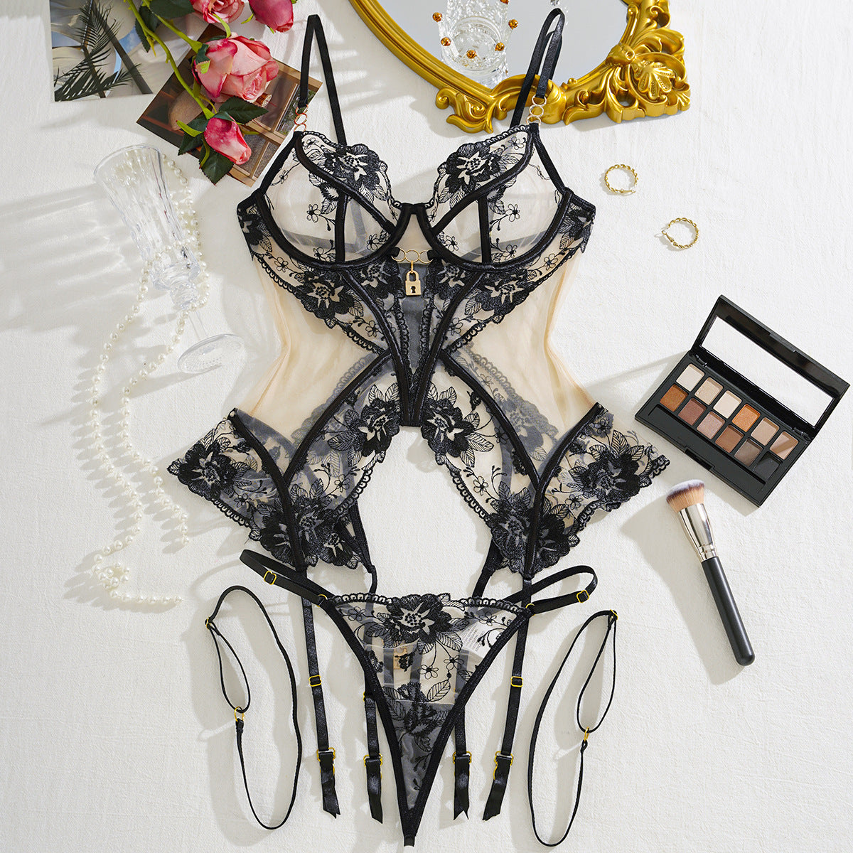 Trending sheer embroidered patchwork mesh shapewear sexy lingerie set