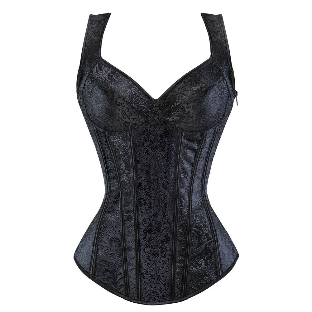Vintage Embroidered Corset with Side Zipper and Bust Support Straps, Shapewear Bodysuit