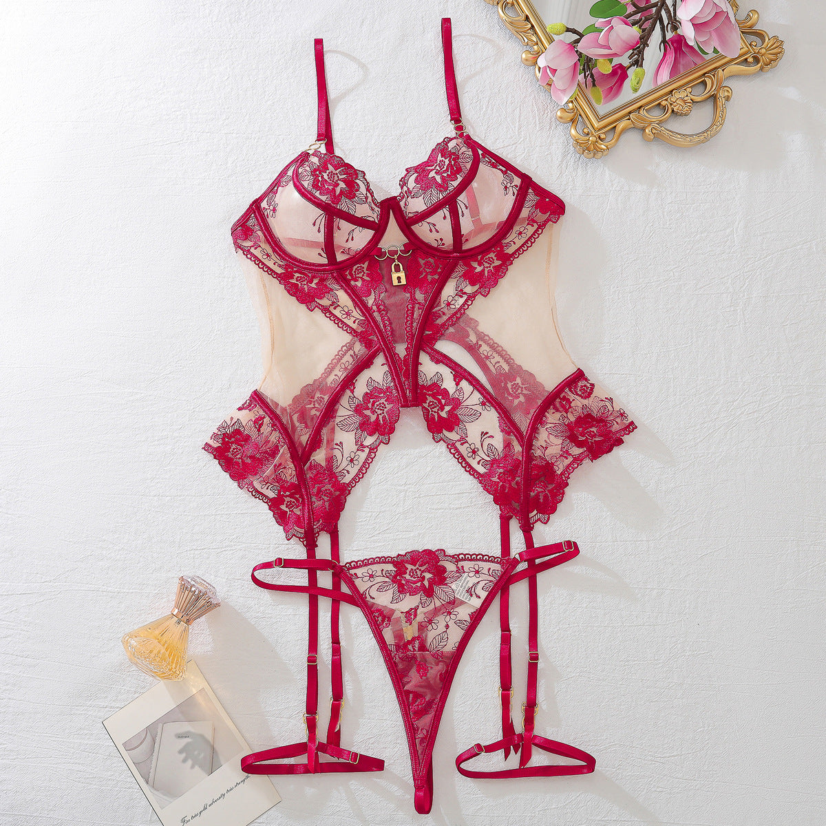 Trending sheer embroidered patchwork mesh shapewear sexy lingerie set