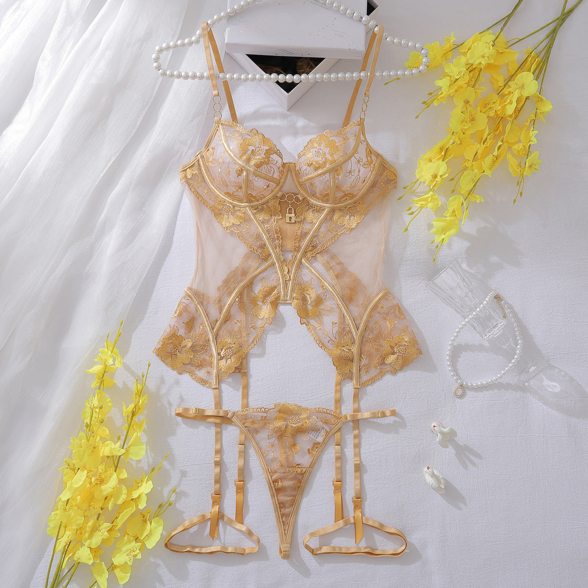 Trending sheer embroidered patchwork mesh shapewear sexy lingerie set