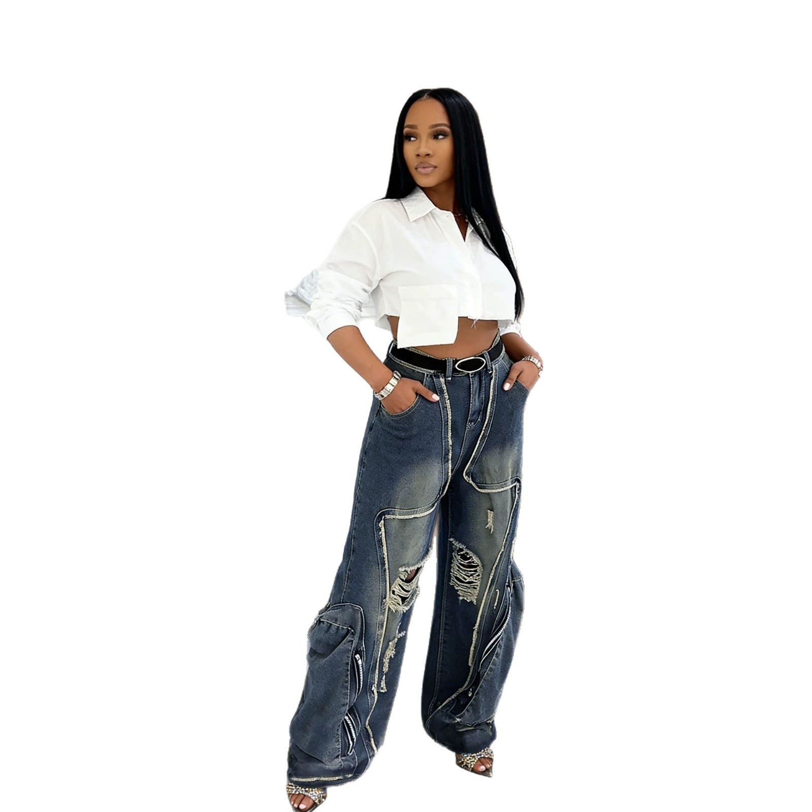 Streetwear Deconstructed Ripped Large Pocket Cargo Jeans