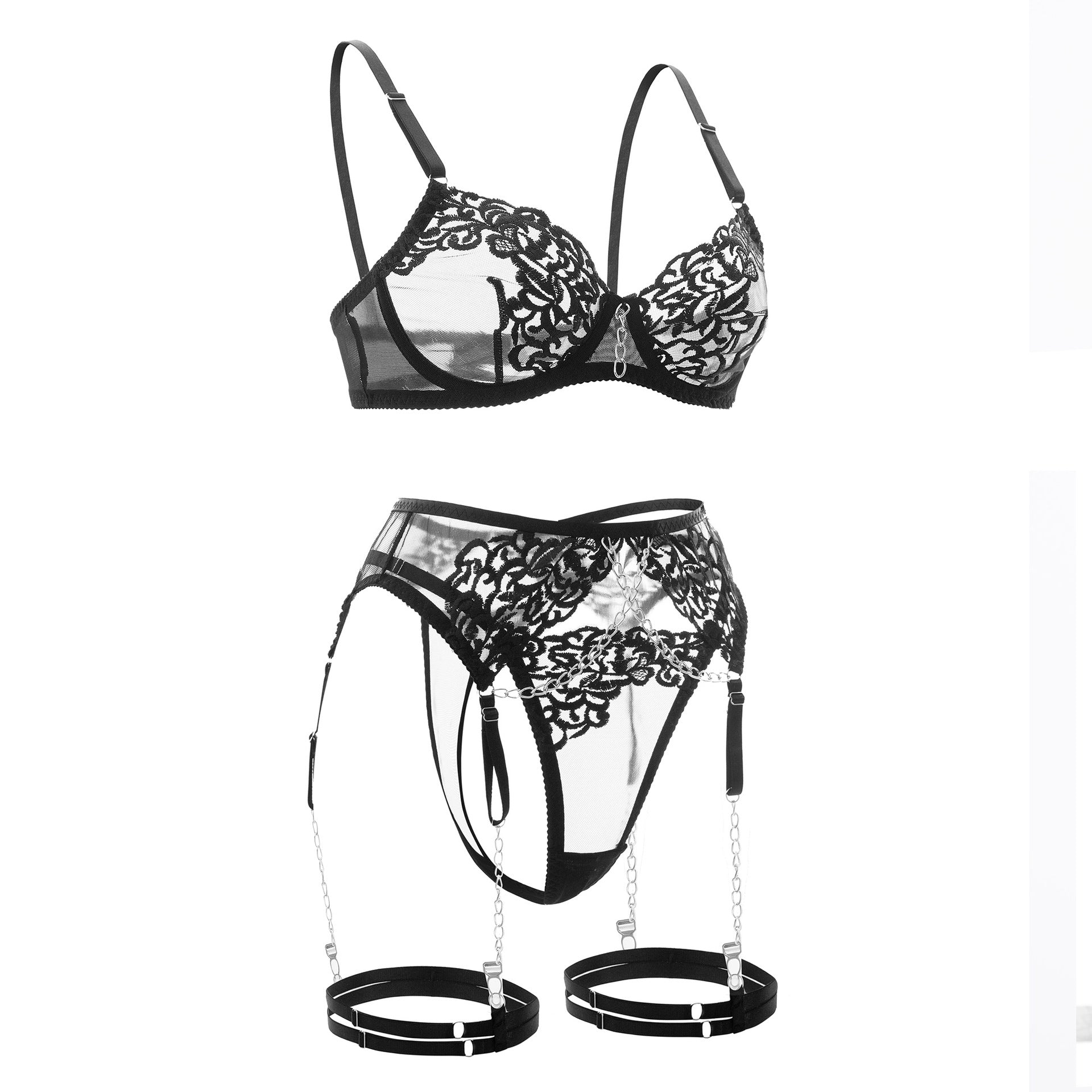 Metal chain embroidered sexy shapewear bra set