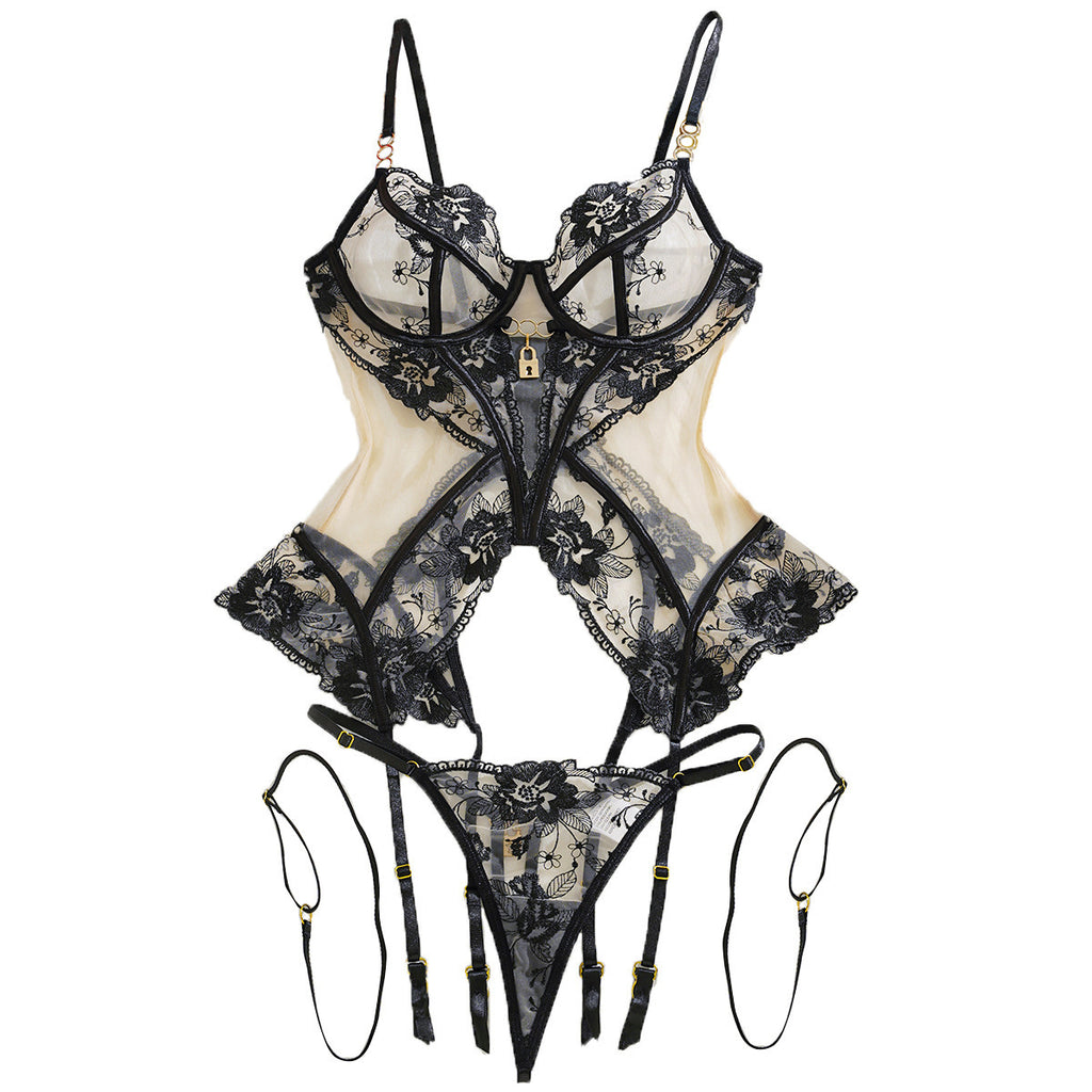 Trending sheer embroidered patchwork mesh shapewear sexy lingerie set