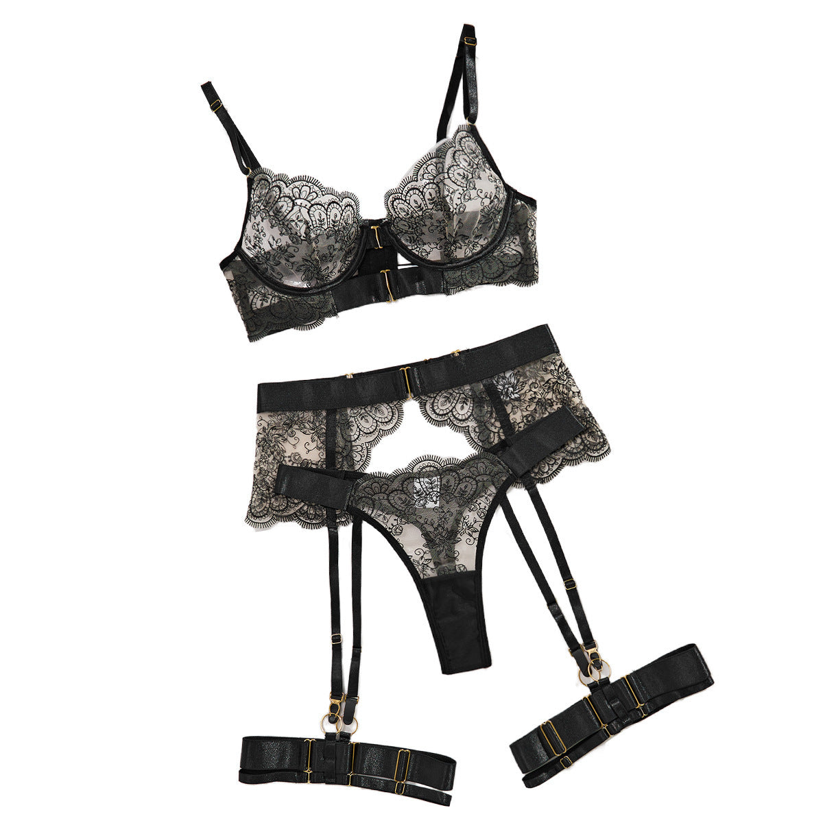 Women's four-piece shapewear set with sheer embroidered lace lingerie