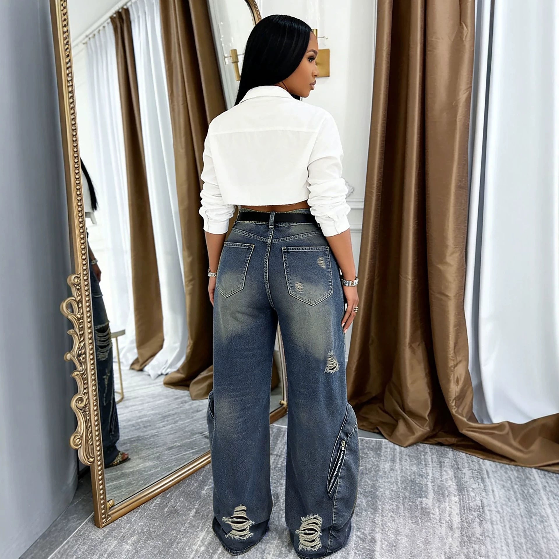 Streetwear Deconstructed Ripped Large Pocket Cargo Jeans