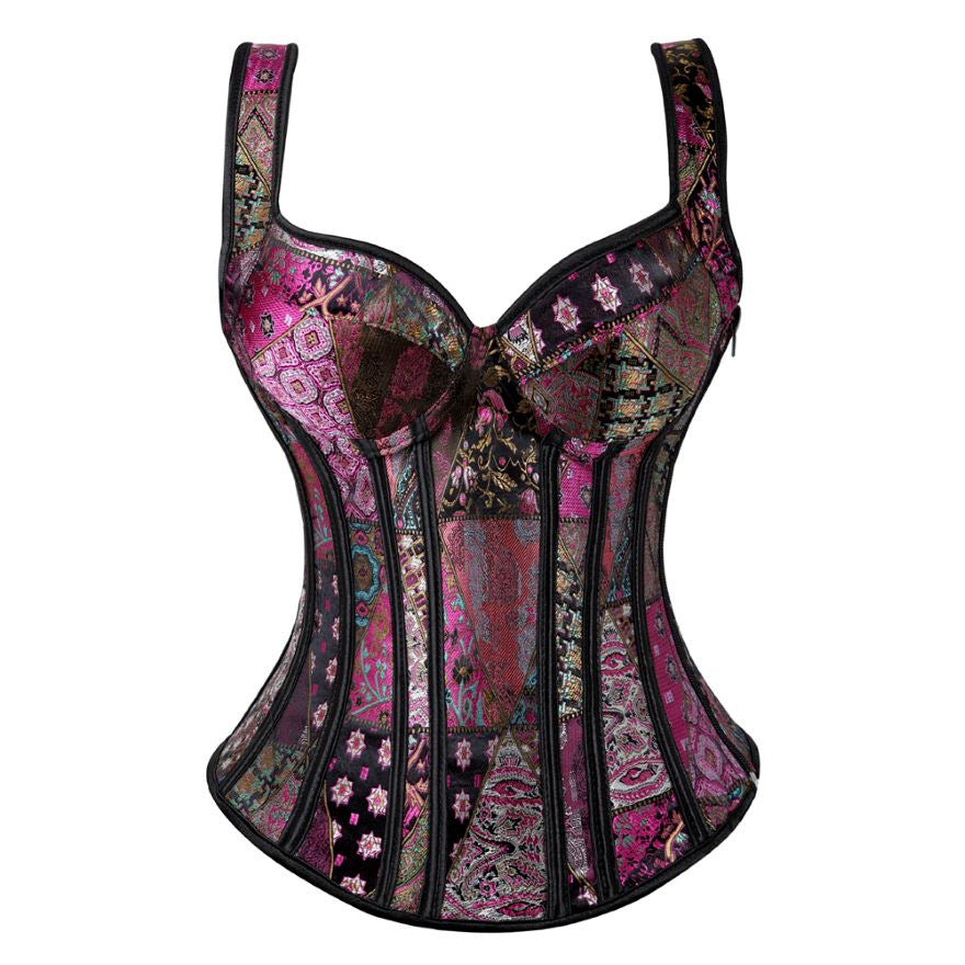 Vintage Embroidered Corset with Side Zipper and Bust Support Straps, Shapewear Bodysuit