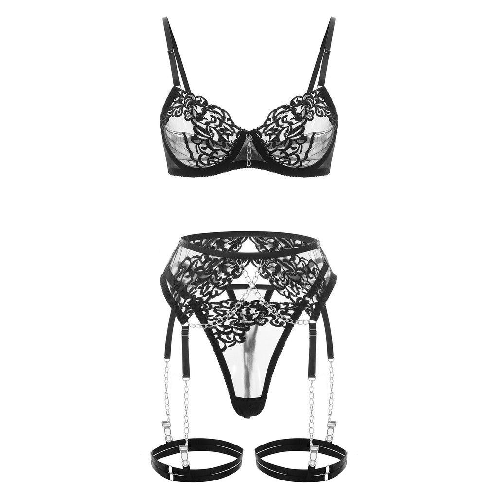 Metal chain embroidered sexy shapewear bra set